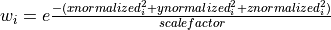 w_i =e\frac{ -({xnormalized}_i^2 + {ynormalized}_i^2 + {znormalized}_i^2)} {scale factor}